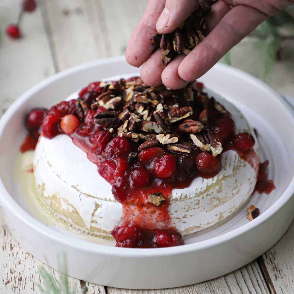 A person sprinkling chopped pecans over the top of a baked brie in a circular baking dish that is also topped with a cranberry-orange sauce.