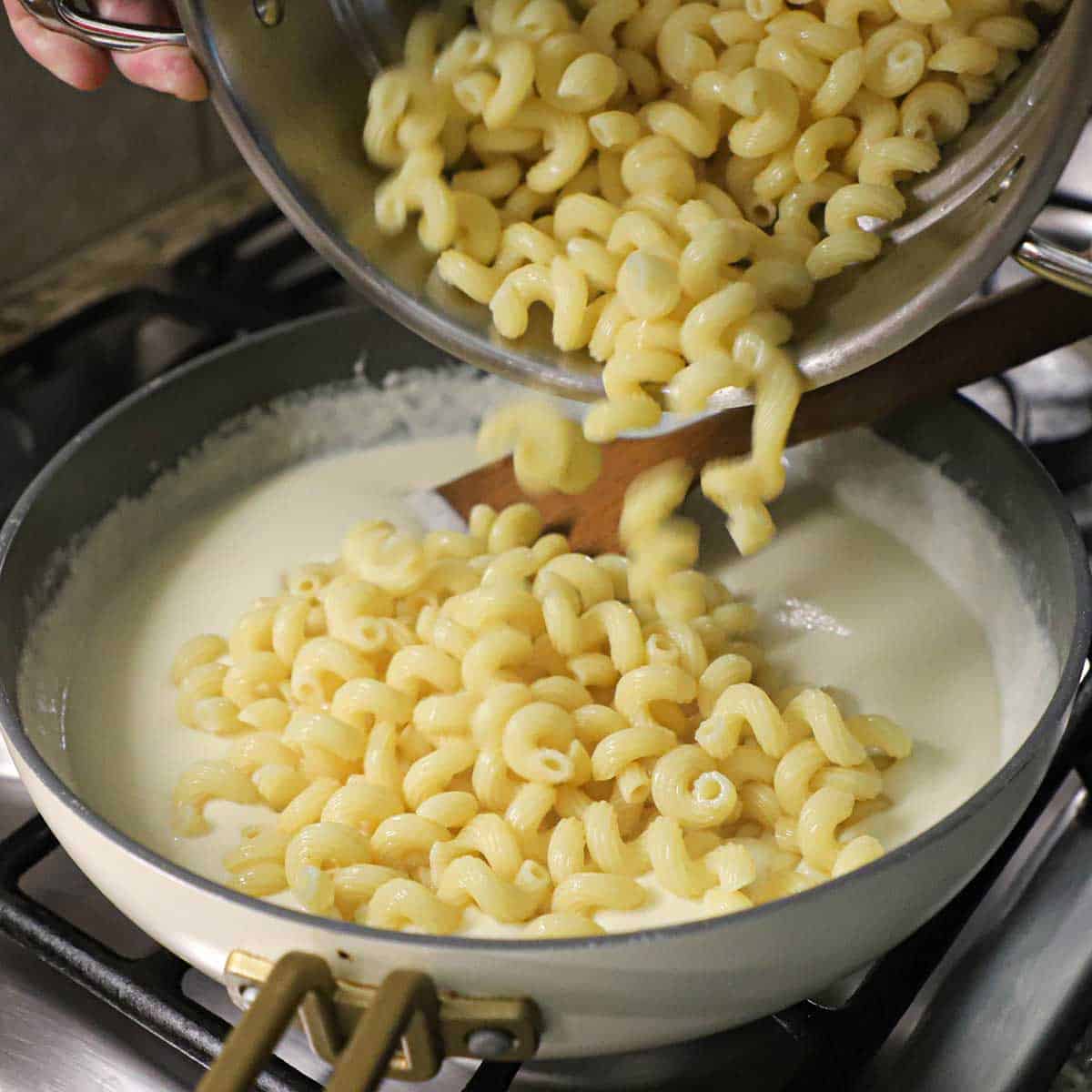 A person transferring cooked cavapatti pasta fro a pasta pot into a skillet filled with a creamy cheese sauce.