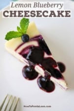 A slice of lemon blueberry cheesecake on a white dessert plate with a drizzle of blueberry sauce on top of the slice.