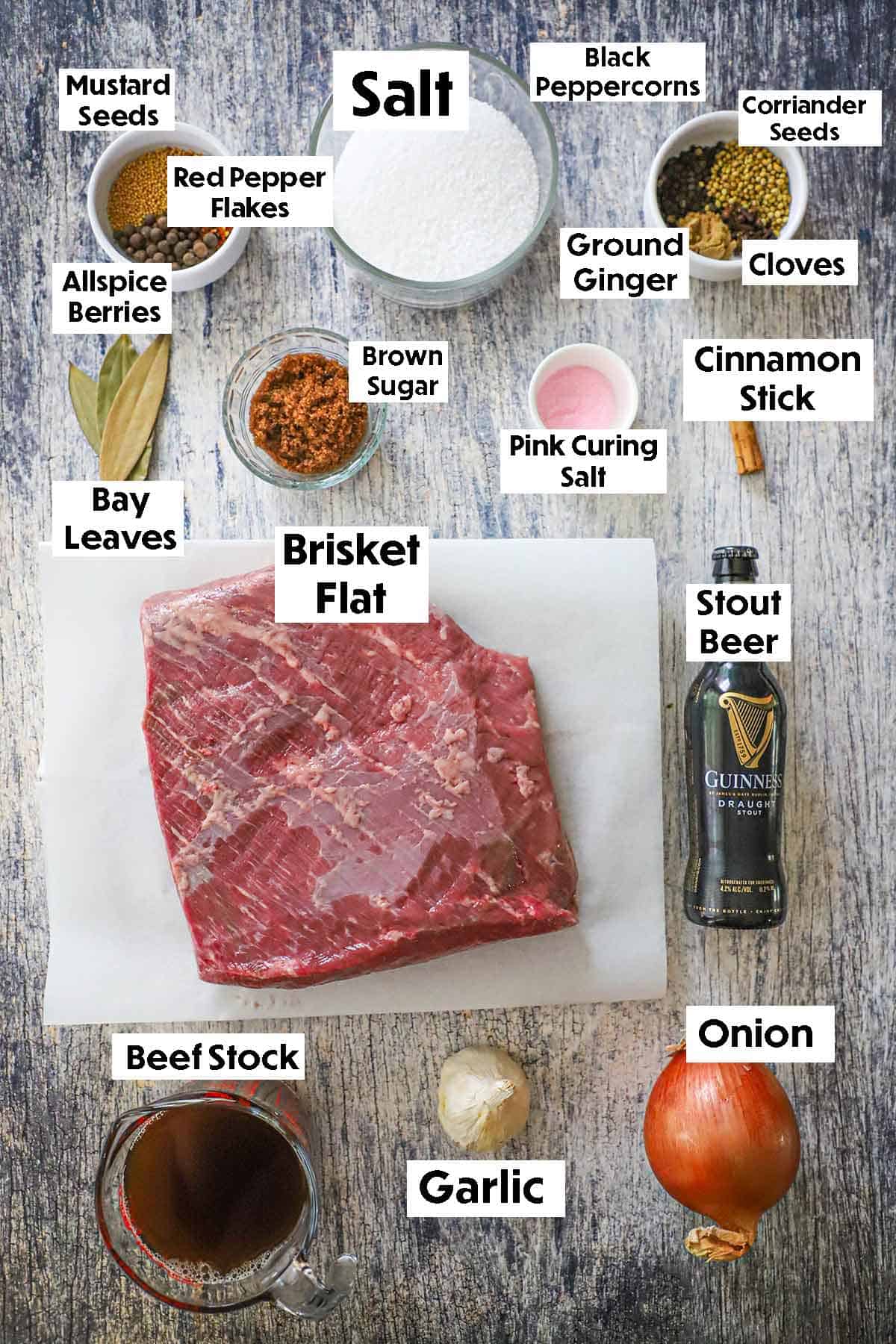 An arrangement of ingredients for homemade corned beef on a grey wooden background including a brisket flat, stout beer, salt, onion, garlic, beef stock, brown sugar, curing salt, and pickling spices.