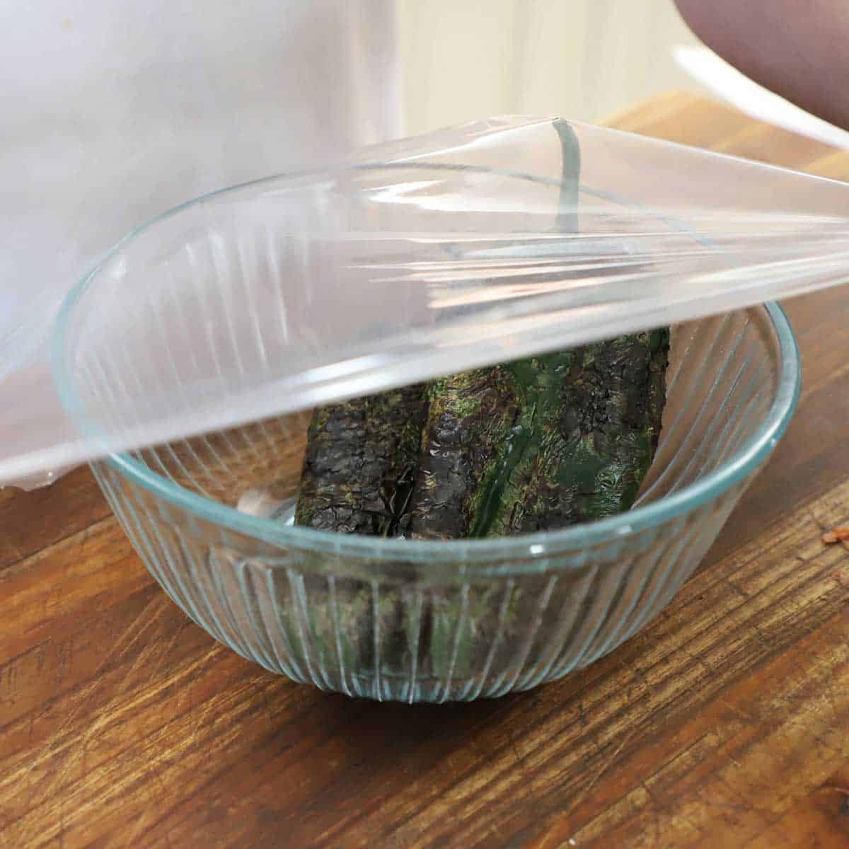 A person placing plastic wrap over a glass bowl that is filled with two roasted poblano chiles.