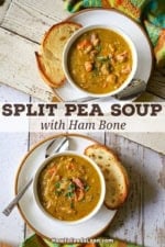 An overhead view of two white soup bowls filled with split pea soup with ham bone.
