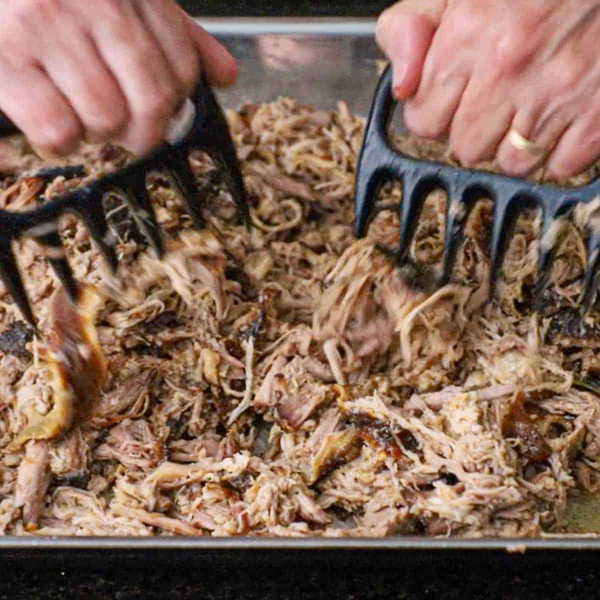 A person using plastic bear claws to shred smoked pork butt in a large steel roasting pan.