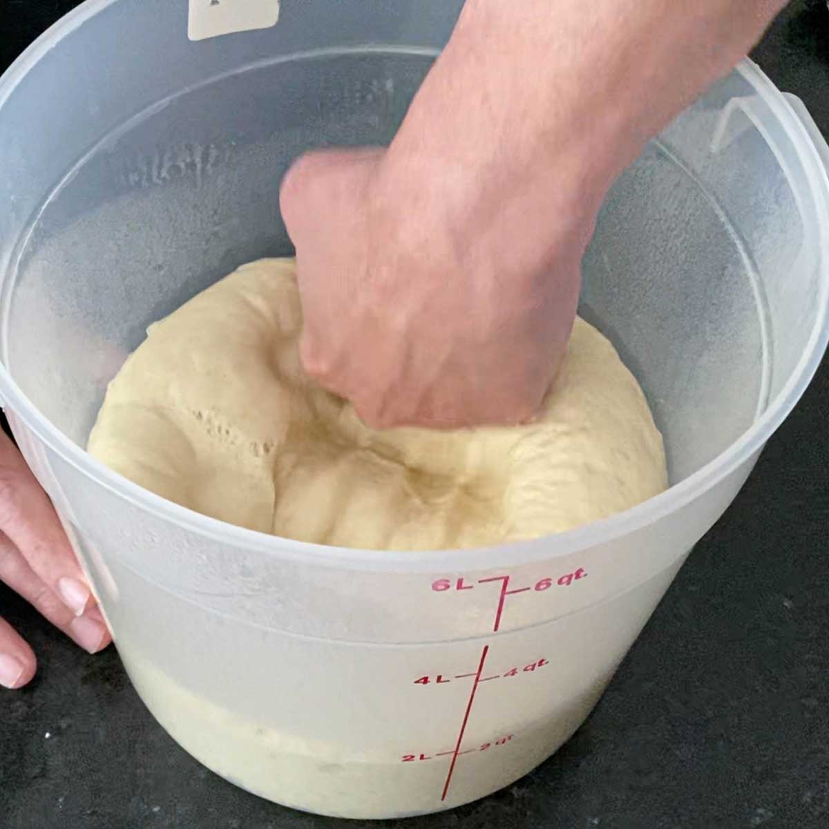 A person using his fist to punch down risen dough in a large plastic proofing container.