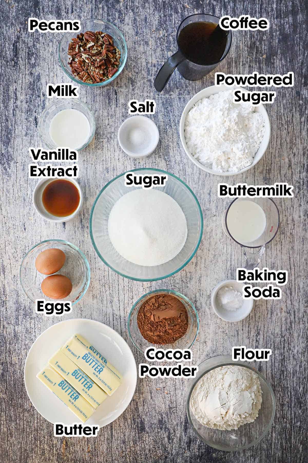 An arrangement of ingredients for Texas Skillet Cake on a grey wooden background including cocoa powder, butter, eggs, buttermilk, vanilla extract, milk, coffee, flour, and pecans.