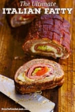 A close-up view of a Smoked Italian Fatty that has been cut into three large pieces revealing the braided topping, and the layers of Italian meat, cheese, and pickled veggies inside.