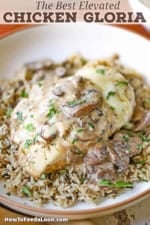 A close-up view of a bowl filled with wild rice topped with chicken Gloria.