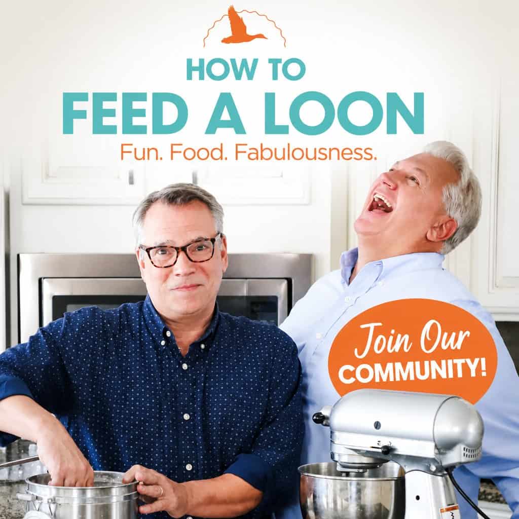 Kris and Wesley in the kitchen laughing with the How to Feed a Loon logo above them and a graphic that reads "Join our Coummunity!"