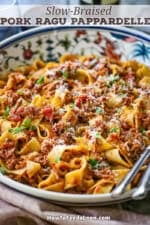 A front-view of a large colorful pasta bowl filled with freshly prepared slow-braised pork pappardelle.