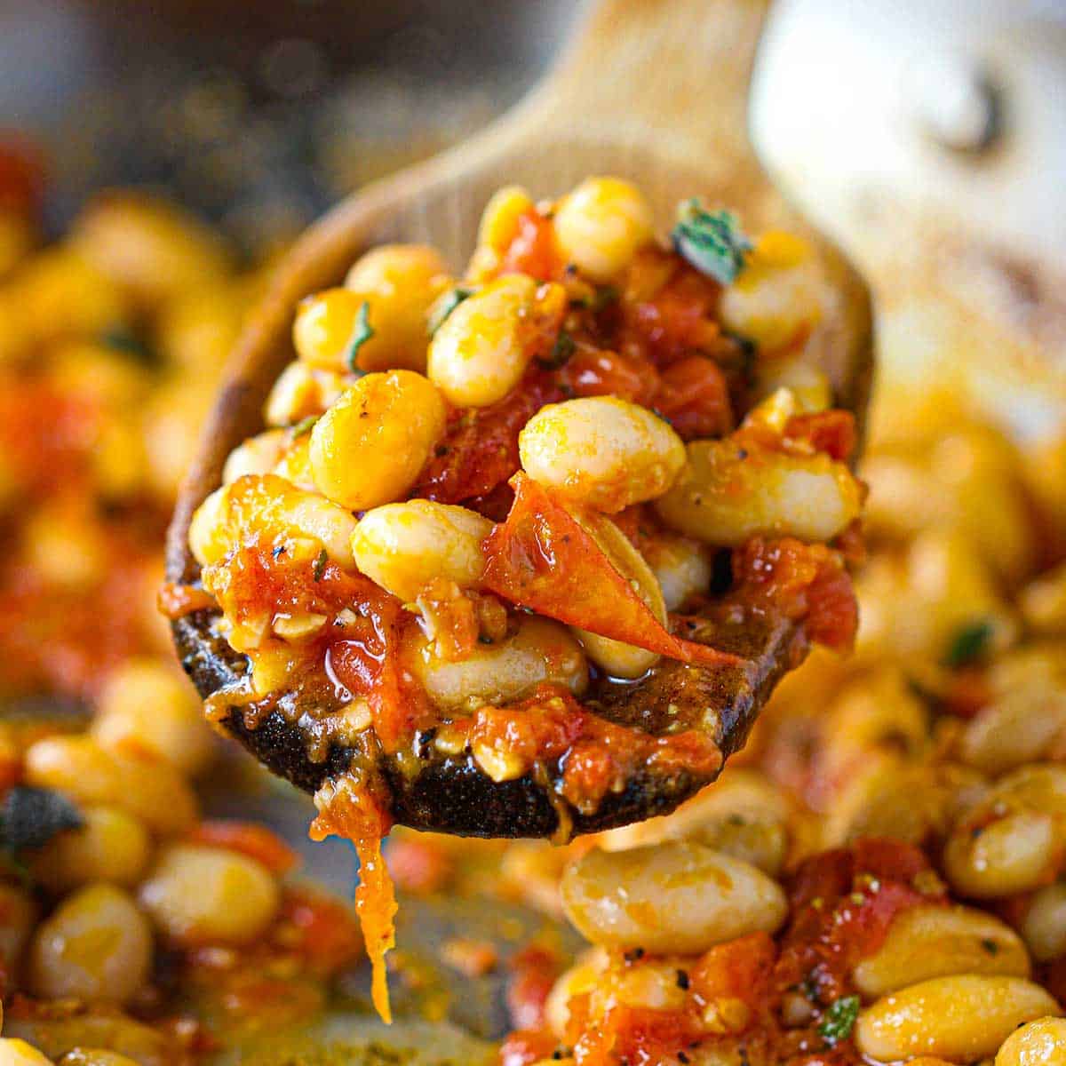 A wooden spoon being used to raise a serving of Sautéed White Beans with Garlic, Sage, and Tomatoes over a skillet filled with the same.