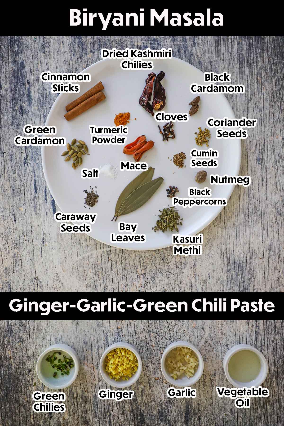 An arrangement of ingredients for Biryani Masala and Ginger-Garlic-Green Chili Paste including dried herbs and spices as well as green chilies, ginger, garlic, and oil.