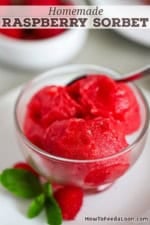 A close-up view of two scoops of Homemade Raspberry Sorbet in a small glass bowl on a white plate with a sprig of mint and two raspberries sitting next to the bowl.