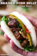 A person holding a Braised Pork Belly Bao Bun in his hand revealing the glossy chunks of pork belly, garnished with pickled cucumber, fresh cilantro, a red chili strips, and chopped peanuts.