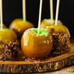 A straight-on view of Honey Caramel Apples resting on a plate that is a slice of a tree trunk.