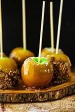 A straight-on view of Honey Caramel Apples resting on a plate that is a slice of a tree trunk.