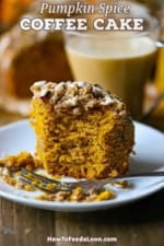 A straight-on view of a partially eaten slice of pumpkin spice coffee cake on a white dessert plate.