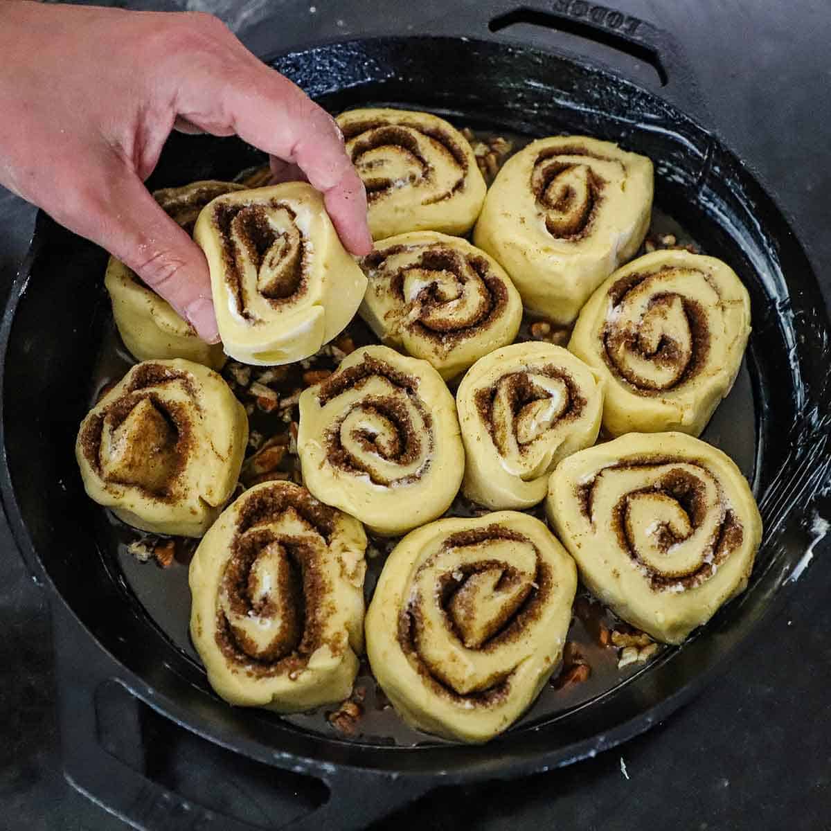 A person placing freshly cut cinnamon rolls that have not been baked yet into a large cast-iron skillet that has a layer of caramel sauce and chopped pecans in the bottom of the pan.