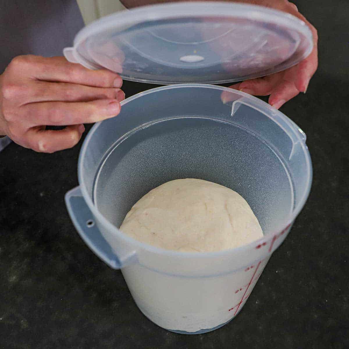 A person holding the lid of a proofing container over the top of the containers filled with a risen bao buns dough.