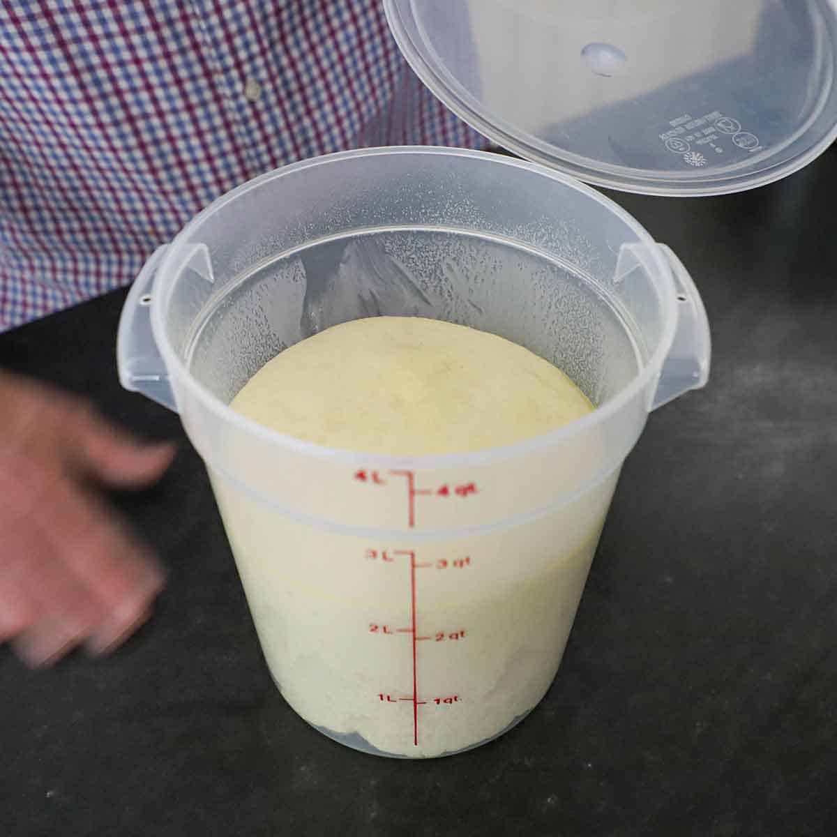 A person removing the plastic lid from a proofing container which is filled with cinnamon roll dough that has shows over the 2-quart line on the container.